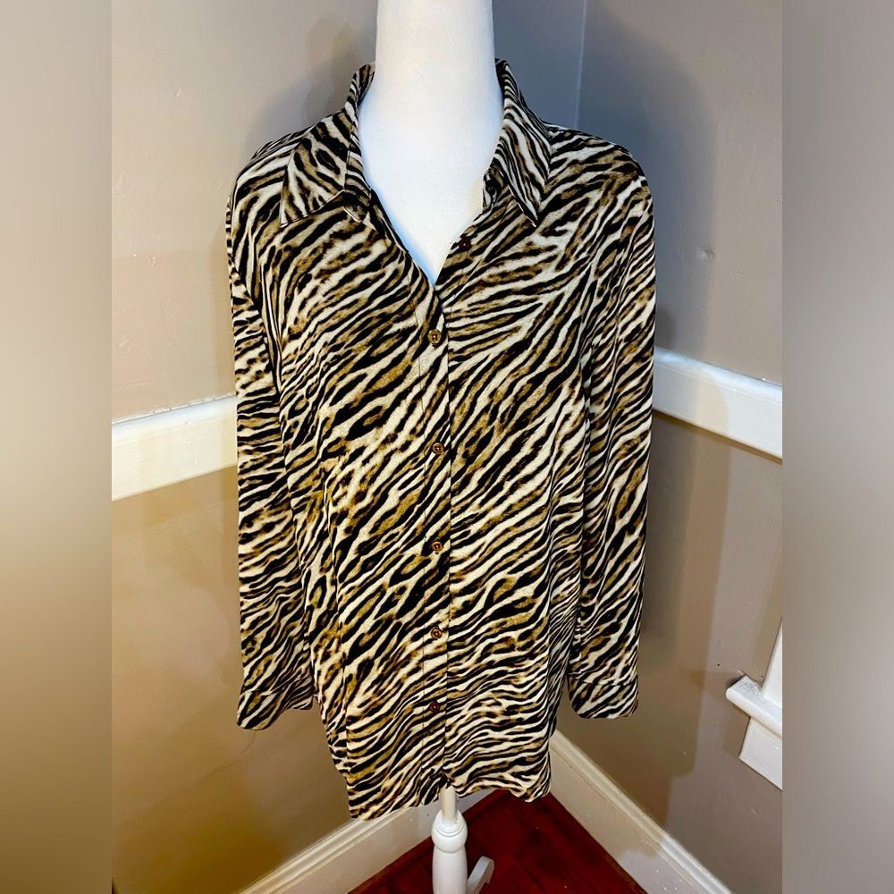 Michael Kors women's L black brown & white zebra print long sleeve button down